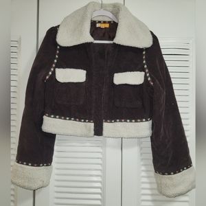Tulle brown corduroy sherpa trim crop jacket size xl